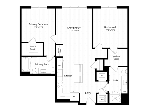 Floor plan for 2 beds, 2 baths, 1127 sqft